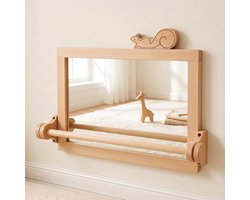 let's make Montessori Babyspiegel met Optrekstang, Onbreekbare Wandspiegel Babykamer, Natuurlijk Hout, 60x40cm - ShopVlot