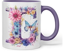 Letter J Mok - Gepersonaliseerde Beker - Thee Drinken - Aquarel Bloemen Vlinder - 330ml - Paars