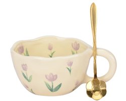 Leuke keramische koffiemok met lepel - Handgemaakte paarse tulp bloem mok voor warme dranken, perfect als cadeau