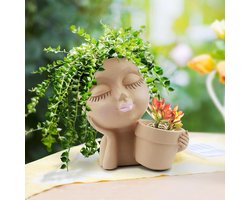Leuke Meisjesgezicht Bloempot Kunst Hars Planter- Leuke Dame Gezicht voor Binnen en Buiten gebruik Beige