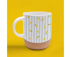 Leuke mok - mooie mok - citroenen - origineel design - hand getekend design - hand bedrukt herbruikbare mok - to go - reisbeker - koffietijd - teatime - afneembare kurken onderzetter