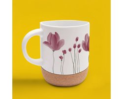 Leuke mok - mooie mok - wildflowers - origineel design - hand bedrukt herbruikbare mok - to go - reisbeker - koffietijd - teatime - afneembare kurken onderzetter