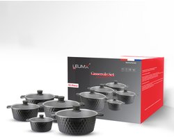 Leumx® 10-delige Luxe Casserole Pannenset – Marmeren Anti-aanbaklaag – Inductiegeschikt – Glazen Deksel – Geschikt voor Inductie, Gas, Keramisch & Vaatwasser – Zwaar Aluminium – Maten: 20/24/26/28/32 cm – Zwart Granietdesign
