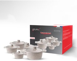 Leumx® 10-delige Luxe Casserole Pannenset – Marmeren Anti-aanbaklaag – Inductiegeschikt – Glazen Deksel – Geschikt voor Inductie, Gas, Keramisch & Vaatwasser – Zwaar Aluminium – Maten: 20/24/26/28/32 cm
