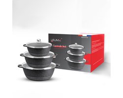 Leumx® 6-delige Marmeren Casserole Pannenset – Met Glazen Deksel – Inductiegeschikt – Anti-aanbaklaag – Stapelbaar – Geschikt voor Gas, Keramisch, Halogeen & Vaatwasser – Luxe Verpakking – Zwart of Wit Granietdesign