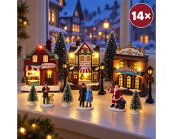 Levano Kerstdecoratie voor Binnen Set van 14 - Kerstverlichting op Batterij - Kersthuisjes met Verlichting - Kerstdorp Figuren - Kerstfiguren Binnen - Kerst Tafel Decoratie - Kerstboompjes Miniatuur - Kersttafereel - Winterdorp - Kerst Village