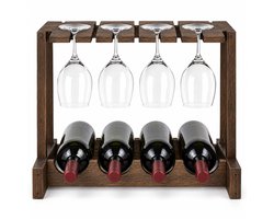 Levano Wijnrek Hout Staand voor 4 Flessen en 4 Glazen - Wijnglazenhouder Ophangrek - Wijnhouder Hout - Glazenrekjes Hangend voor Bar - Wijnglazenrek - Wijnflessenrek - Wijnstandaard - Bar Accessoires - Wijnrek Tafelmodel - Wijnglas Ophangen