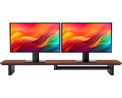 LEVANTU® Monitor standaard extra breed - Monitor verhoger - Beeldscherm verhoger Bureau organizer - Geschikt voor 2 schermen - Met opbergvak - Walnoot donkerbruin met donker grijze poten