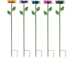 Levendig gekleurde metalen tuinsteunen met bloemen en vogels — 2-in-1 vogelbaden en voederbakken, weerbestendig. Decoratieve tuinkunst voor tuinen, gazons en terrassen. 4-delige set: oranje, blauw, groen en roze.