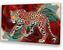 Levendige luipaard in kleurrijke lijnen - Leopard canvas kunst - Wandkunst dieren - Psychedelisch - Design aan de muur - Schilderijen - canvas 70x50 cm