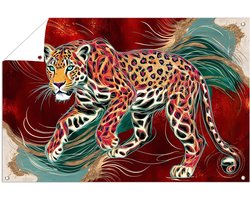 Levendige luipaard in kleurrijke lijnen - Leopard tuinprints - Tuinkunst dieren - Psychedelisch - Tuinaccessoires - Duurzame tuinposter - tuinposter 45x30 cm