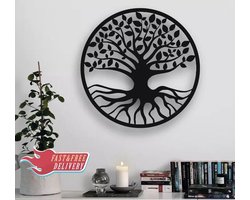 Levensboom Tree of Life modern deco muurdecoratie - Groot root - Wanddecoratie - Zwart - Houten art - Muurdecoratie - Line art - Wall art - Bohemian - Wandborden - Woonkamer - 50x50 cm - wandecoratie woonkamer