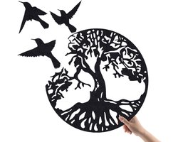 Levensboom - Wanddecoratie - Klein - Tuindecoratie - Metaal - Woonkamer - Wandbord - Wall Art - Metalen wanddecoratie vogels - Geschikt voor binnen en buiten - 30*30 cm - Zwart