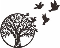 Levensboom - Wanddecoratie - Zwart - 30*30 cm - klein - Tuindecoratie - Geschikt voor binnen en buiten - kerst - Woonkamer - Metaal - wandbord - zwart wit muurdecoratie - Wall Art - Metalen wanddecoratie vogels