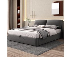 Lexiou Gestoffeerd bed, 160 x 200 cm, hydraulisch bed, drie laden, bedlade voor opslag, lattenbodem met hoofdeinde, zonder matras, fluweel, grijs