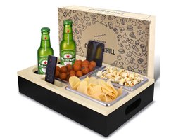 Lexorion Couch Sofa Bar Snack Box – Couch & Chill Sofa Tray – Bamboe Bank Butler – Zwarte Sofa Bar Snack Box met Roestvrijstalen Kommen – Cupholder – Wijn Glazen Houder – Organizer voor Afstandsbediening en Snacks – Cadeau voor Hem & Haar