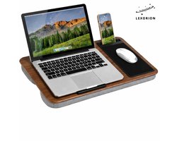 Lexorion Ergonomische Schoottafel - Laptoptafel met Kussen – Ergonomische Schoottafel voor Bed & Bank – Met Muismat & Telefoonhouder – Anti-Slip Onderkant – Geschikt tot 17.3 Inch – 57,5 x 30 cm – Bruin