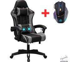Lexorion Gaming Stoel – Ergonomische Gaming Chair – Inclusief Gratis RGB Gamingmuis Cadeau – Verstelbaar – Lederen Gamestoel – 136 kg – Grijs – Bureaustoel