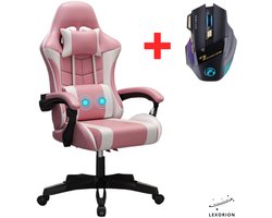 Lexorion Gaming Stoel – Ergonomische Gaming Chair – Inclusief Gratis RGB Gamingmuis Cadeau – Verstelbaar – Lederen Gamestoel – 136 kg – Roze– Bureaustoel