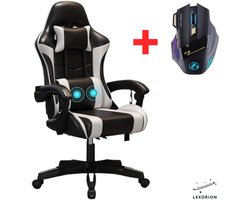 Lexorion Gaming Stoel – Ergonomische Gaming Chair – Inclusief Gratis RGB Gamingmuis Cadeau – Verstelbaar – Lederen Gamestoel – 136 kg – Wit– Bureaustoel