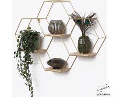 Lexorion Goud Industrieel Metalen Wandrek met 4 Houten Planken - Vierdubbel Zeshoekig Design - Decoratieve Wandplank voor Woonkamer, Slaapkamer en Hal - 40,5 x 58 cm
