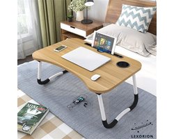 Lexorion Laptoptafel – Bedtafel – Kantelbare Laptoptafel – Verstelbare en Opvouwbare Laptop Tafel met Bekerhouder – 60x40x26cm – Laptoptafel Bijzettafel – Bruin