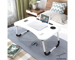 Lexorion Laptoptafel – Bedtafel – Kantelbare Laptoptafel – Verstelbare en Opvouwbare Laptop Tafel met Bekerhouder – 60x40x26cm – Laptoptafel Bijzettafel – Wit