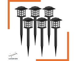 Lexorion Tuin Solar Tuinverlichting - Set van 6 - LED Buitenlampen op Zonne-energie - IP65 Waterdicht - Warm Wit - 38cm Hoog - Voor Pad, Tuin & Terras