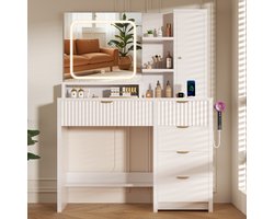 Lexzurn Kaptafel - Make-up tafel met spiegel - 3 soorten LED-verlichting - 5 Laden + 3 Stofvrije Opbergvakken + 6 Open Opbergvakken - met Föhnhouder - met Stopcontact en USB-poorten - 139 x 90 x 40 cm - voor Slaapkamer en Kleedkamer - Wit