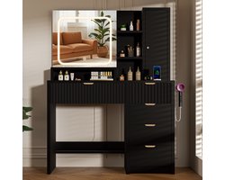 Lexzurn Kaptafel - Make-up tafel met spiegel - 3 soorten LED-verlichting - 5 Laden + 3 Stofvrije Opbergvakken + 6 Open Opbergvakken - met Föhnhouder - met Stopcontact en USB-poorten - 139 x 90 x 40 cm - voor Slaapkamer en Kleedkamer - Zwart