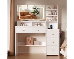 Lexzurn Kaptafel - Make-up tafel met spiegel - 3 soorten LED-verlichting - 7 open vakken + 5 laden - met Föhnhouder - met Stopcontact en USB-poorten - 143x115x40 cm - voor slaapkamer en kleedkamer - Wit