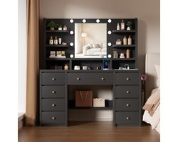 Lexzurn Kaptafel - make up tafel met spiegel - 3 soorten LED-verlichting - 8 Laden en 4 Planken - met haak voor föhn - met stopcontact en USB-poorten - 145x90x40 cm - geschikt voor slaapkamers en kleedkamers - Zwart