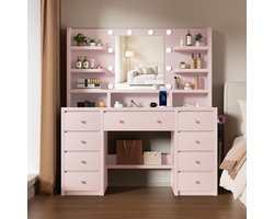 Lexzurn Kaptafel - make up tafel met spiegel - 3 soorten LED-verlichting - 8 Laden en 4 Planken - met haak voor föhn - met stopcontact en USB-poorten - 145x90x40 cm - geschikt voor slaapkamers en kleedkamers - roze