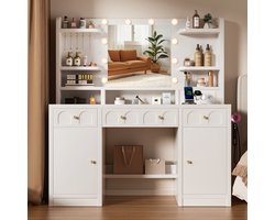 Lexzurn Kaptafel - make up tafel met spiegel - 3 soorten LED-verlichting - 8 Laden en 4 Planken - met haak voor föhn - met stopcontact en USB-poorten - 145x90x40 cm - geschikt voor slaapkamers en kleedkamers - wit