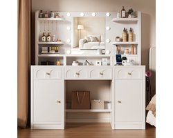 Lexzurn Kaptafel - make up tafel met spiegel - 3 soorten LED-verlichting - Met kettinghaken - met haak voor föhn - met stopcontact en USB-poorten - 140x107x40 cm - geschikt voor slaapkamers en kleedkamers - wit