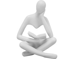 Lezen Standbeeld, Zittende Figuur Abstracte Kunst Decoratie voor Woonkamer (Wit, Hars)