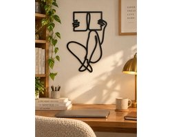 Lezende Vrouw Wanddecoratie – Abstracte Line Art – Zwart – 30 cm – Minimalistische Muurdecoratie voor Woonkamer & Werkkamer
