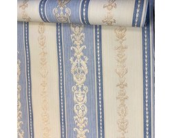 Liberty Stripe Vliesbehang Blauw/Crème – Klassiek Engels Strepen Behang met Ornament – Luxe Landelijk