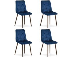 LIBRA Eetkamerstoelen – Set van 4 – Marineblauw Velvet – Walnootkleurige Houten Poten – Comfortabele Gestoffeerde Zitting – Modern Design – Velvet Stoel voor Woonkamer, Keuken en Eetkamer – Max. 110 kg per Stoel