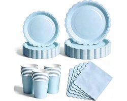 Lichtblauwe Papieren Borden Set van 50 Stuks voor Kinderfeestjes, Barbecues en Picknicks met Wegwerpservies, Servetten en Bekers