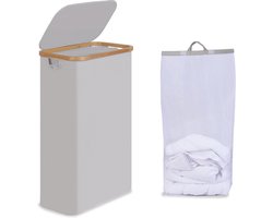 Lichte grijze wasmand met deksel en bamboe handgrepen - 75 liter, opvouwbaar en met wasbare binnenzak