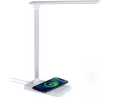 Lichtendirect- Led Bureaulamp met Draadloze Oplader - Wit zilver- Dimbaar - 5 Modus - Touch -Leeslamp-Tafellamp-