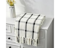 Lichtgewicht ademende geruite plaid 127x152 cm - Zachte warme woondeken voor bank, sofa en bed - Imitatie kasjmier decoratieve deken met franjes (zwart en wit)