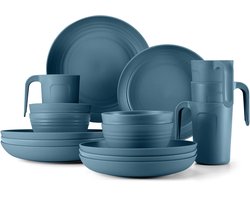 Lichtgewicht Onbreekbare Besteksets voor 4 personen - Geschikt voor magnetron en vaatwasser - Platen Kommen Mok Kit - Herbruikbaar Servies met Bestek voor Kamperen Keuken - Blauw borden set 6 person