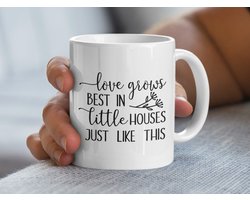 Liefde Groeit Mok, Kleine Huizen Spreuk Mok, Schattige Gezinsmok, Inspirerende Quote Koffiemok, Nieuwe Huis Mok, Housewarming Cadeau Idee
