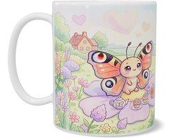 Lieve Kawaii Series Vlinder Koffiemok met Picknick, Cupcakes en Thee op Grote Bloem - Schattige Koeien en Molen in Pastel Natuur Theebeker voor Thuiswerkplek of Kantoor - Vrolijk Cadeau voor haar: Dochter, Vrouw, Vriend(in) of Collega