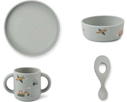 Liewood - Siliconen Kinderservies Vive - Servies en bestek - Vehicles Dove Blue Mix