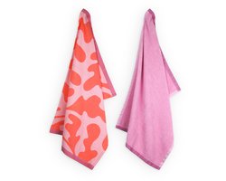 Lifa home Coral Kiss Theedoek en Handdoek set – 50 x 70 cm – Blad – Roze