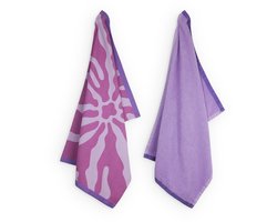 Lifa home Vivid Violet Theedoek en Handdoek set – 50 x 70 cm – Blad – Paars