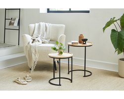 Lifa Living Moderne Bijzettafels - Set van 2 - Zwart en Naturel Koffietafels - Rond - Hout en Metalen Salontafels voor Woonkamer, Slaapkamer en Kantoor - ⌀ 34 x 40 en ⌀ 40 x 50 cm